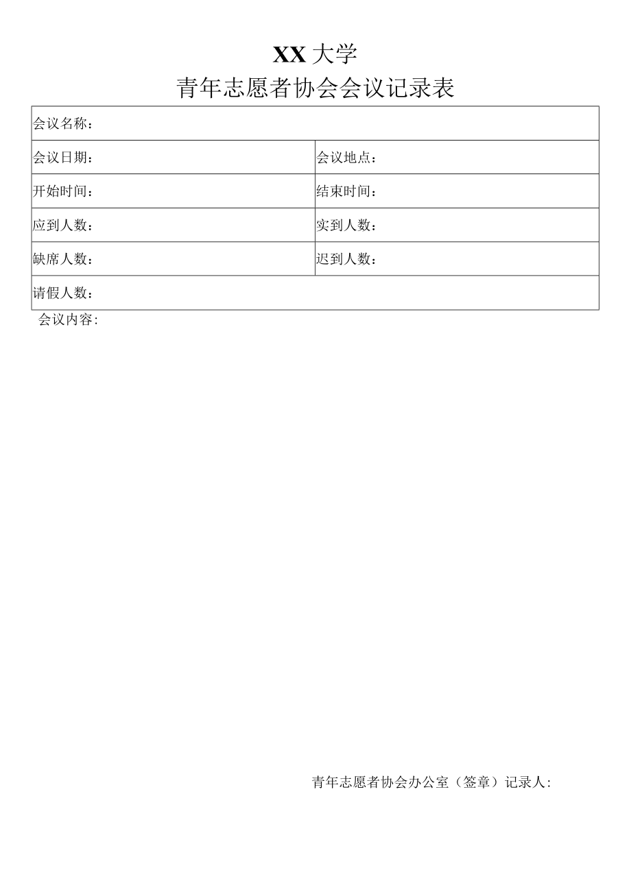 XX大学青年志愿者协会会议记录表.docx_第1页