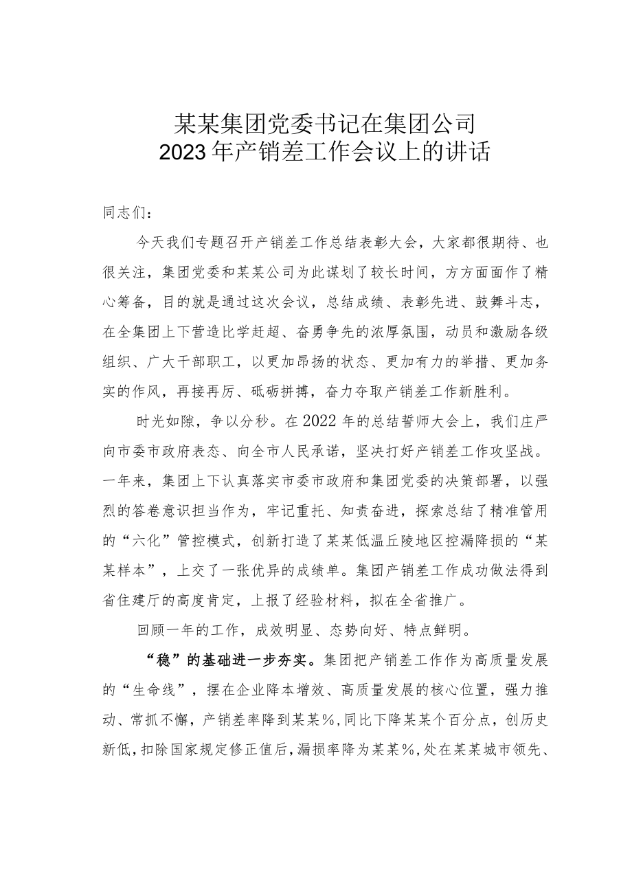 某某集团党委书记在集团公司2023年产销差工作会议上的讲话.docx_第1页