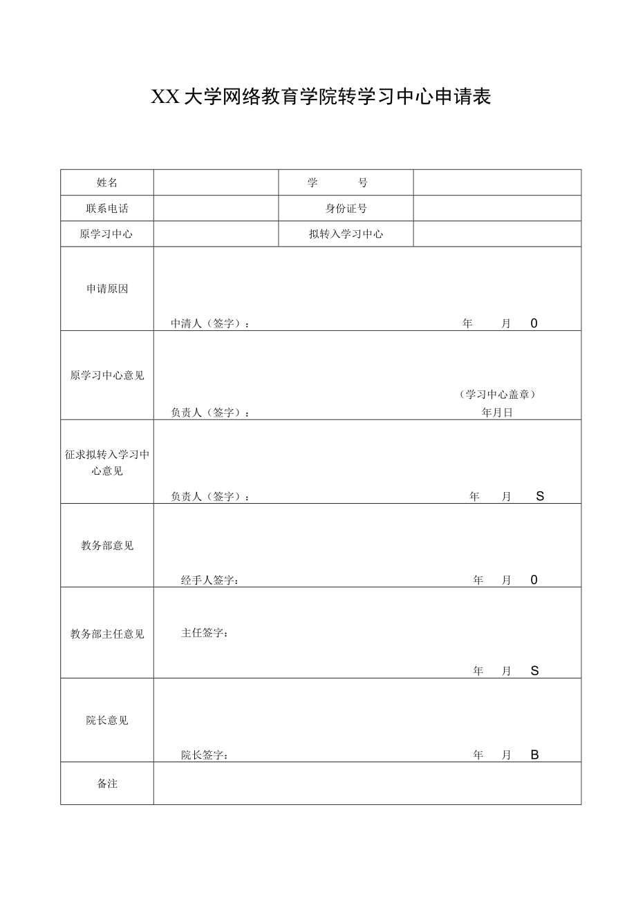 XX大学网络教育学院转学习中心申请表.docx_第1页