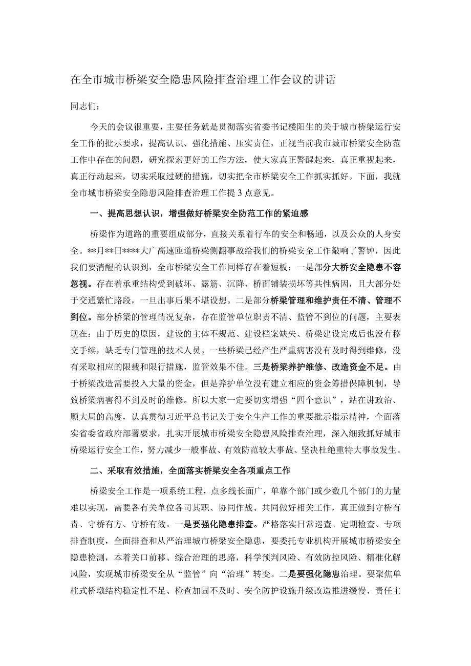 在全市城市桥梁安全隐患风险排查治理工作会议的讲话.docx_第1页