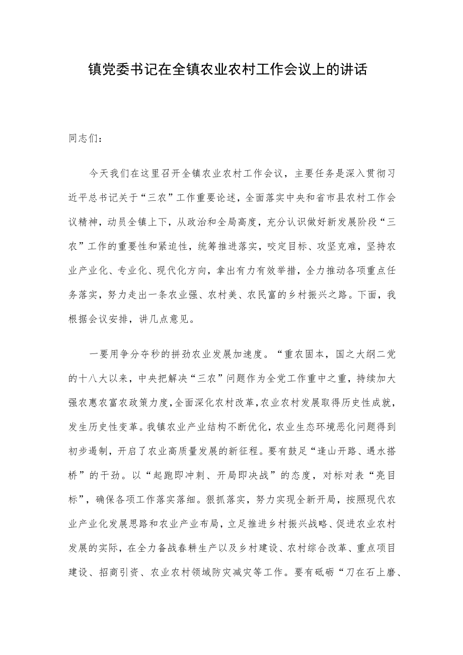 镇党委书记在全镇农业农村工作会议上的讲话.docx_第1页