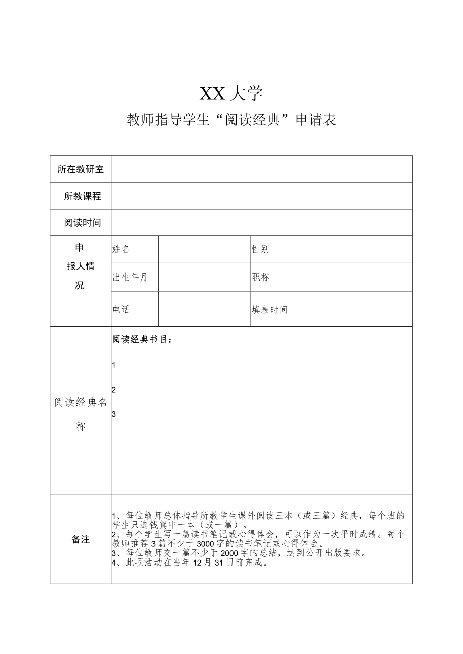 XX大学教师指导学生“阅读经典”申请表.docx_第1页