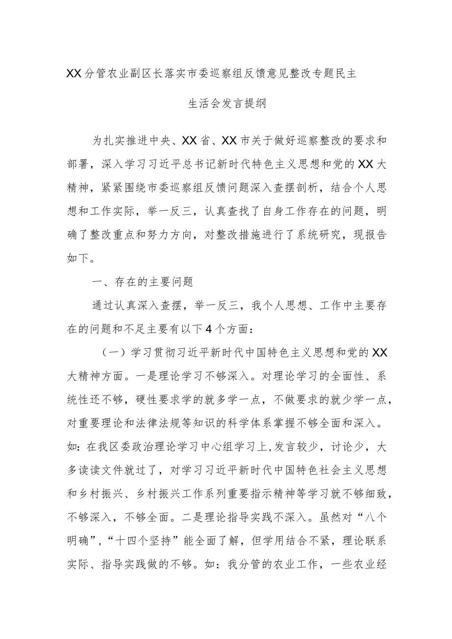 XX分管农业副区长落实市委巡察组反馈意见整改专题民主生活会发言提纲.docx_第1页