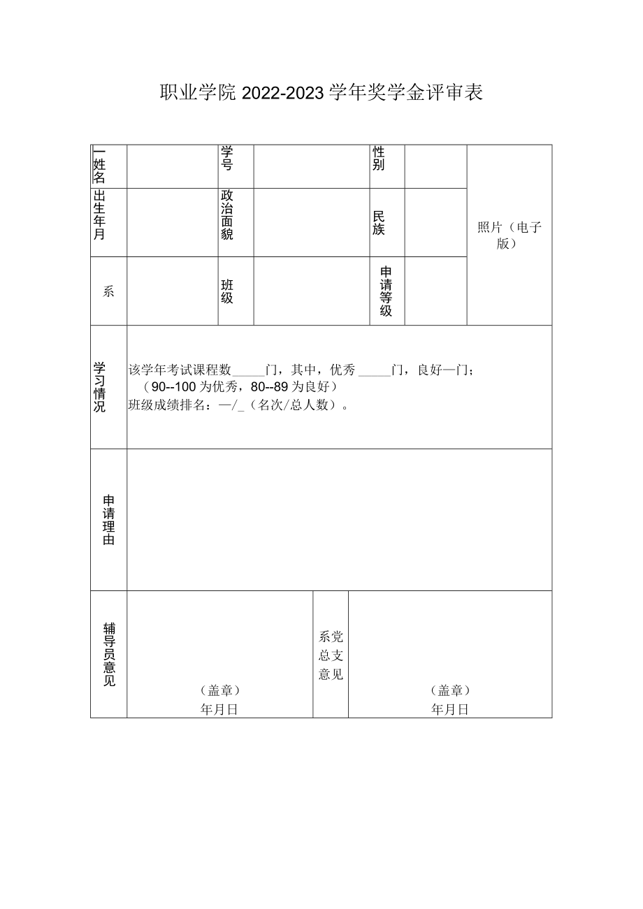 职业学院2022-2023学年奖学金评审表.docx_第1页