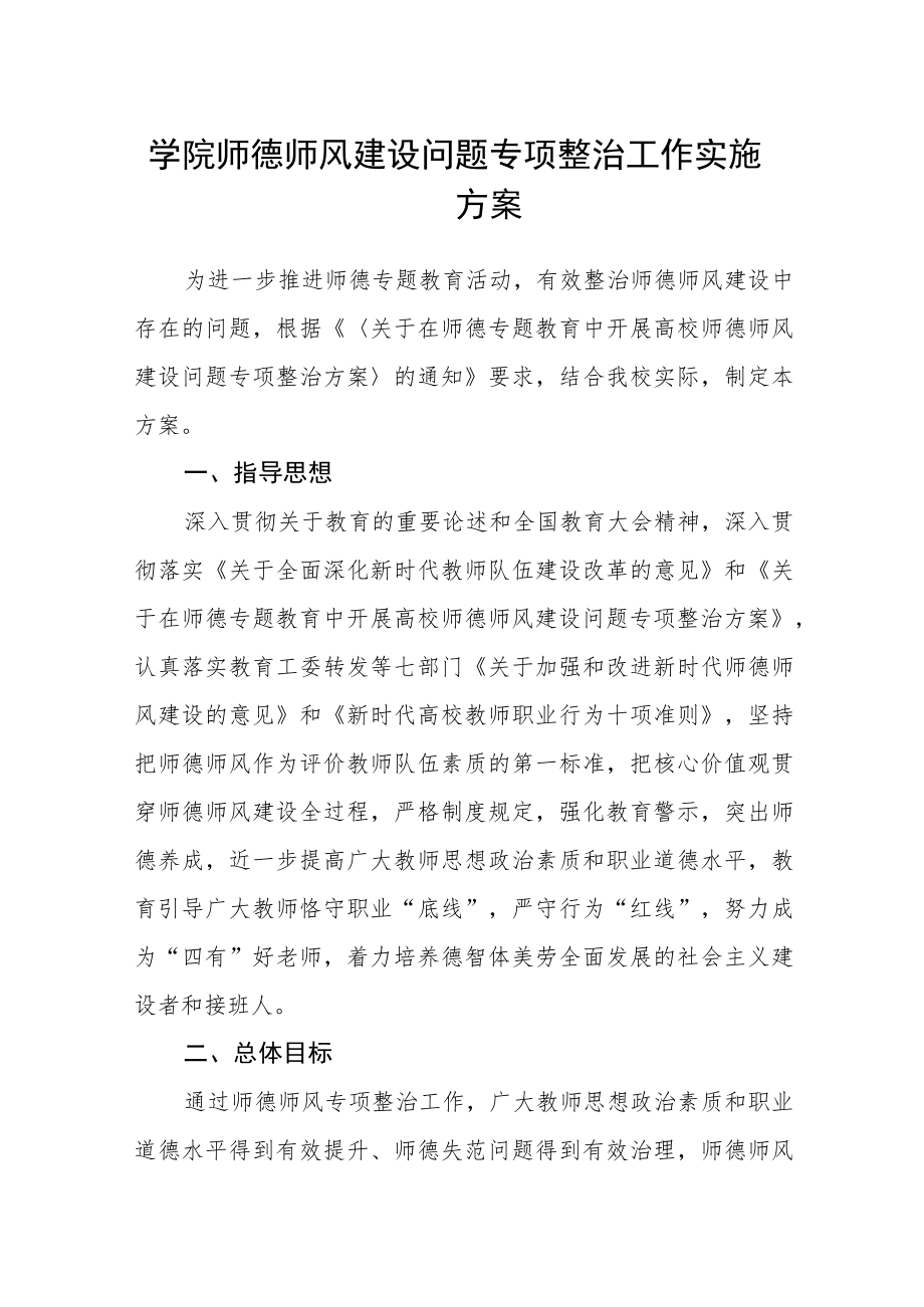 学院师德师风建设问题专项整治工作实施方案.docx_第1页