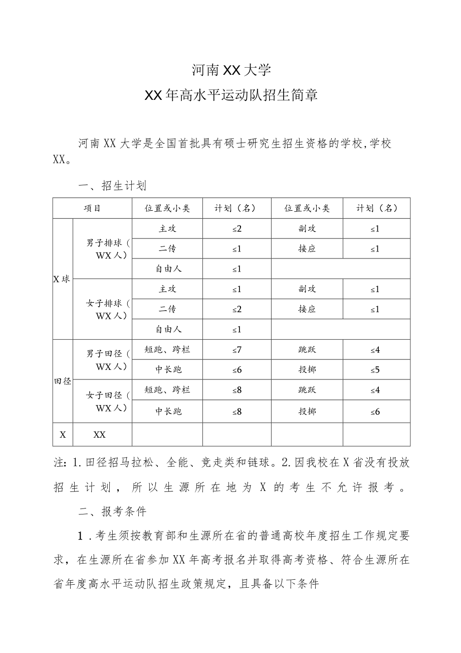 河南XX大学XX年高水平运动队招生简章.docx_第1页