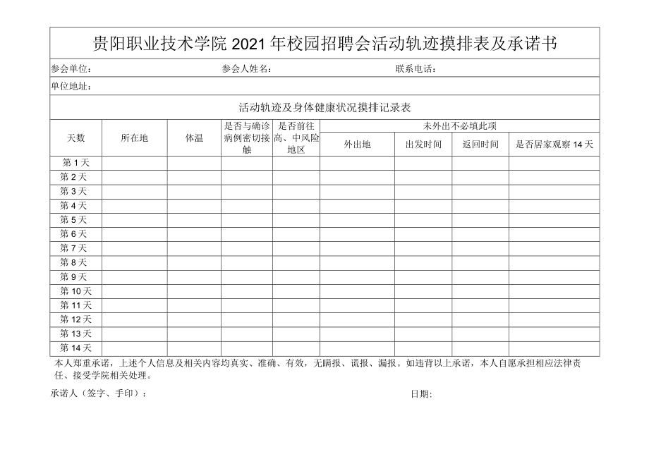 贵阳职业技术学院2021年校园招聘会活动轨迹摸排表及承诺书.docx_第1页