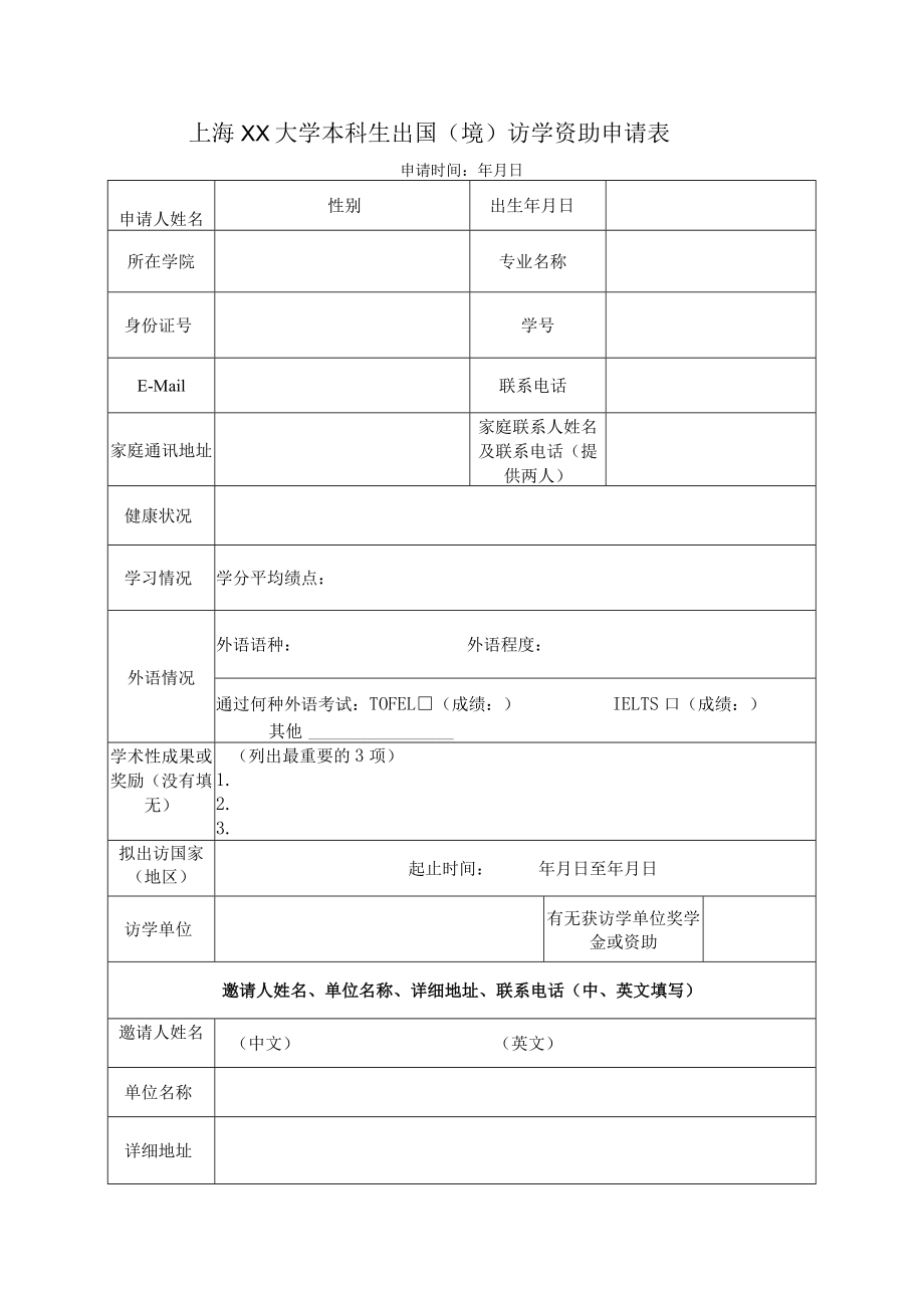 上海XX大学本科生出国（境）访学资助申请表.docx_第1页