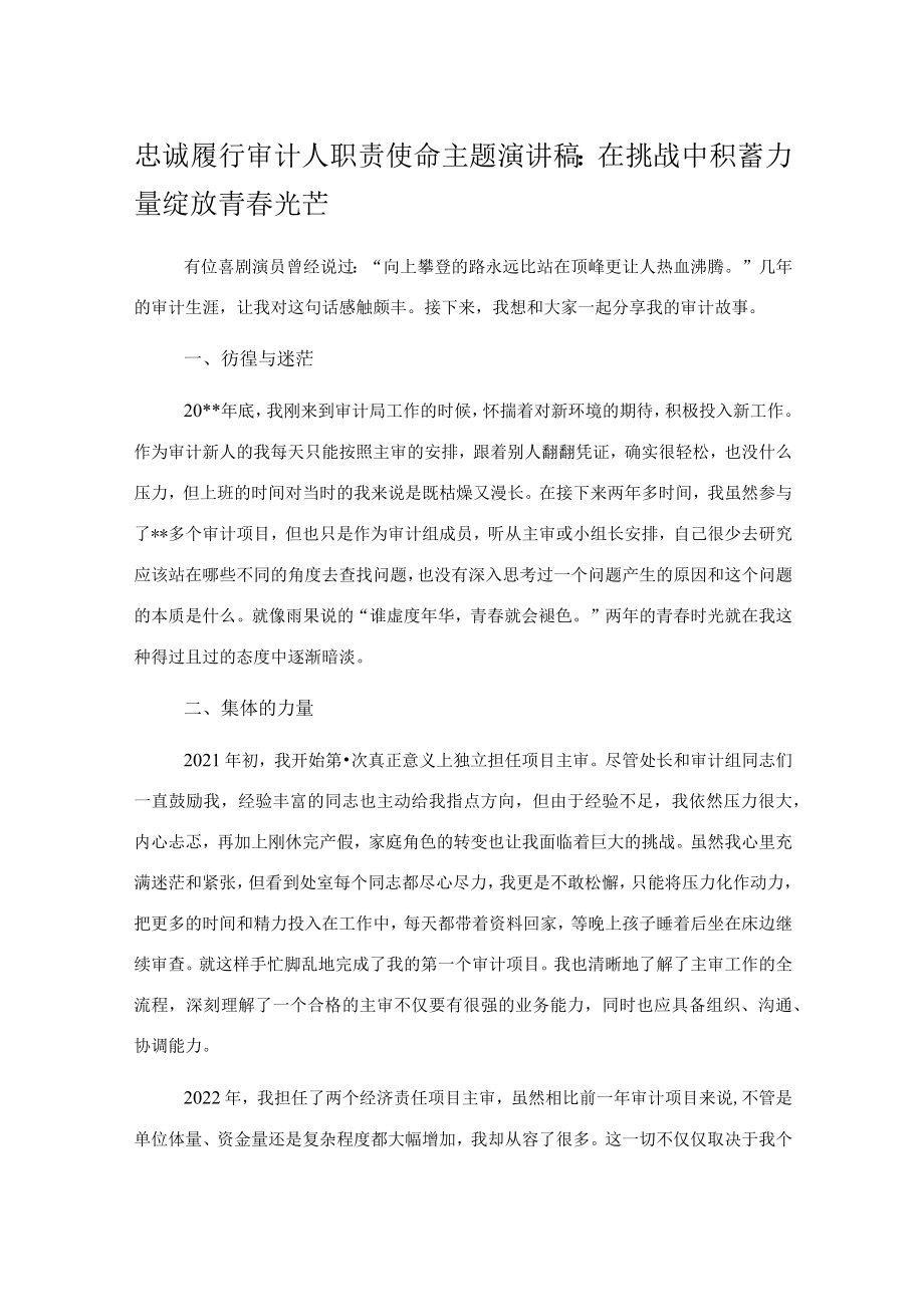 忠诚履行审计人职责使命主题演讲稿：在挑战中积蓄力量绽放青春光芒.docx_第1页