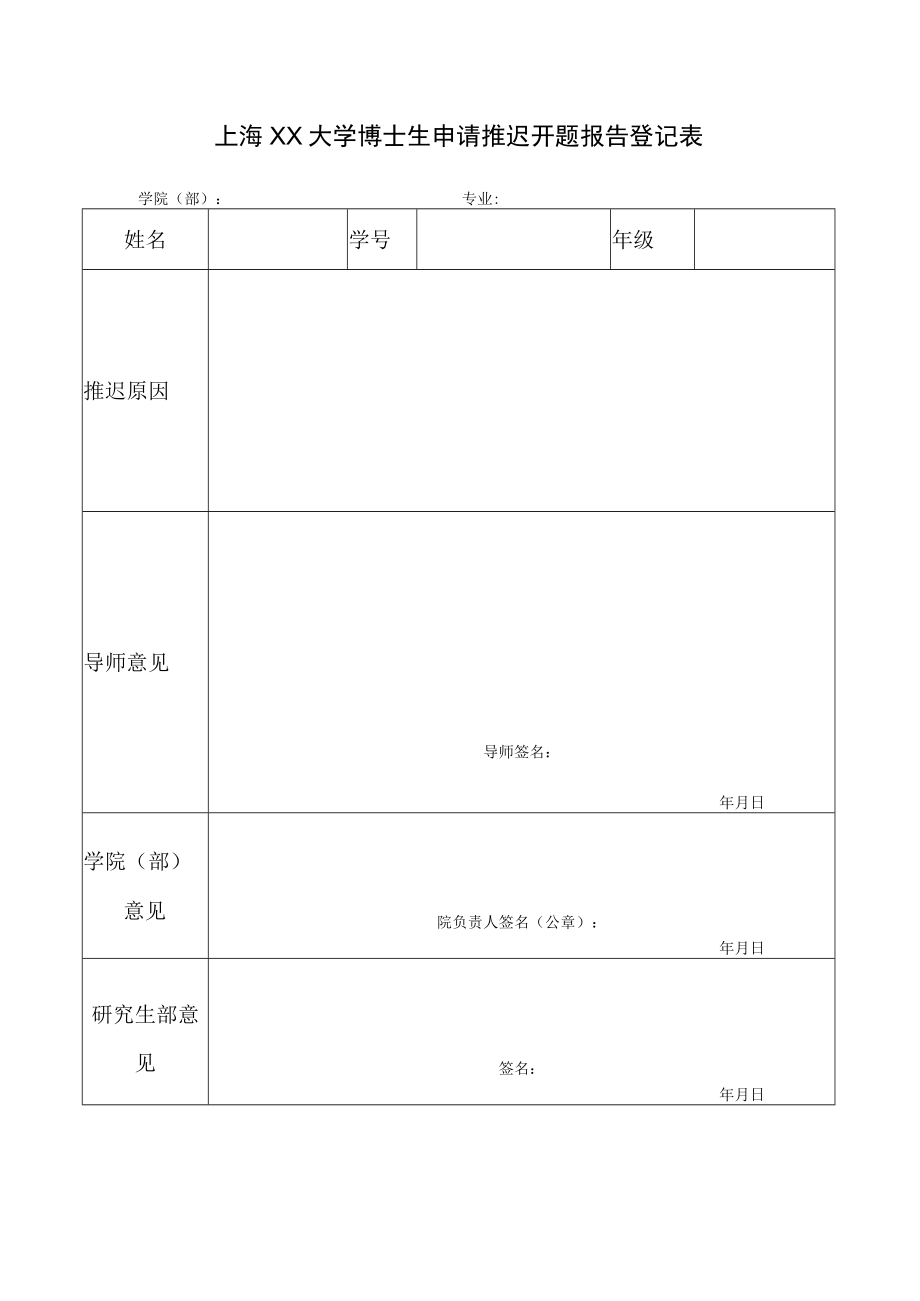 上海XX大学博士生申请推迟开题报告登记表.docx_第1页