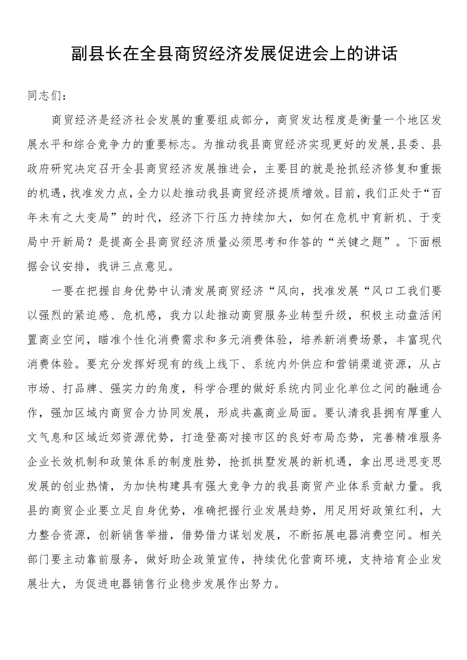 副县长在全县商贸经济发展促进会上的讲话.docx_第1页