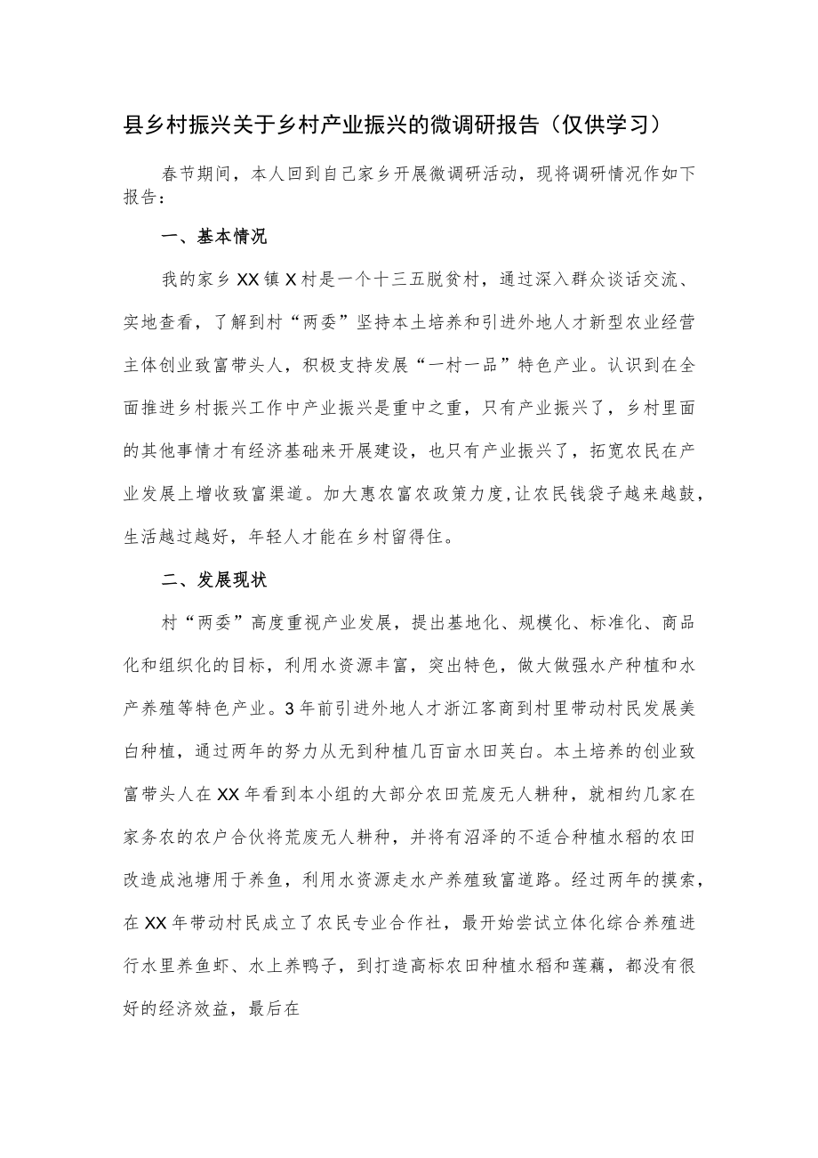 县乡村振兴关于乡村产业振兴的微调研报告.docx_第1页