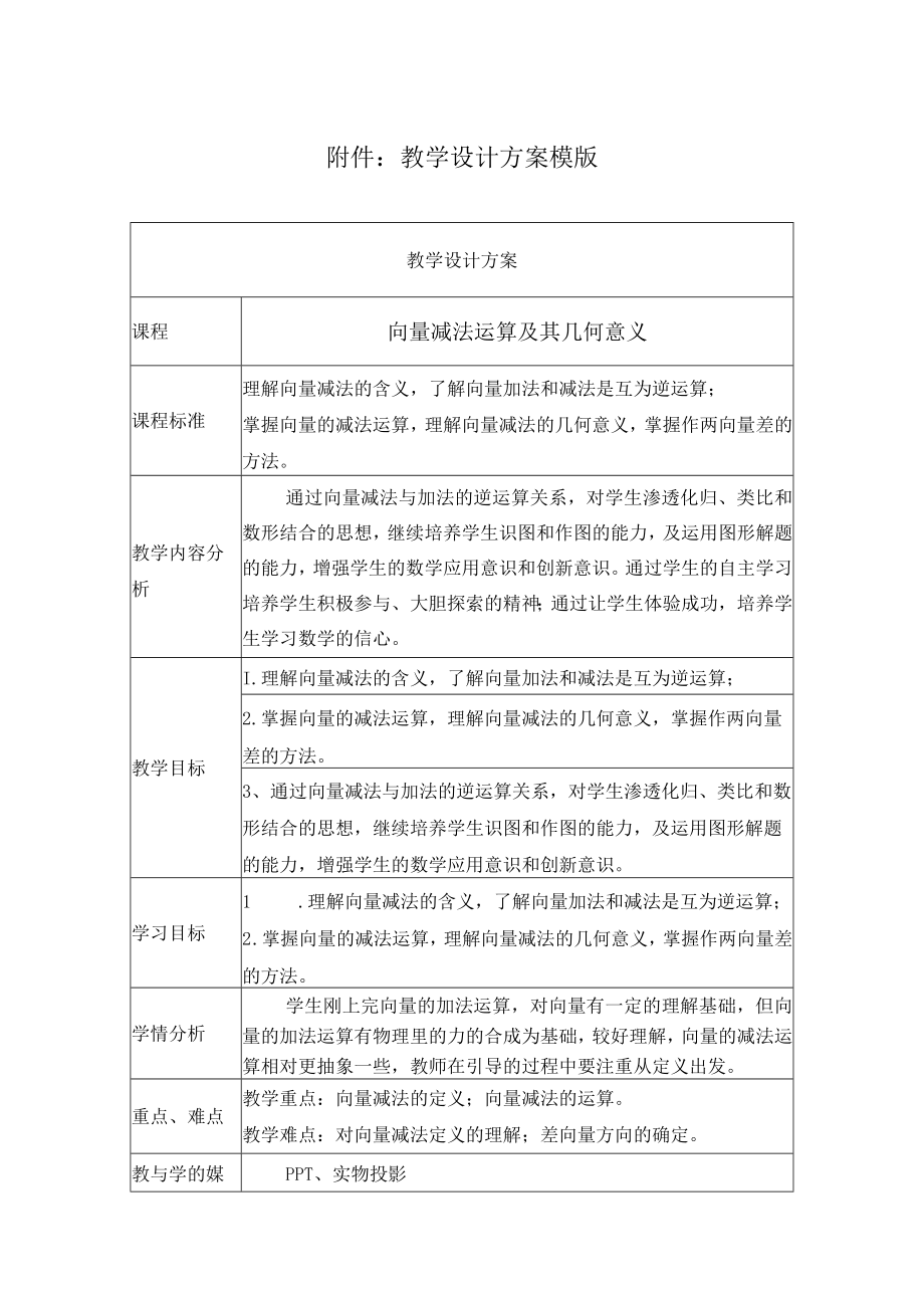 向量减法运算及其几何意义 教学设计.docx_第1页