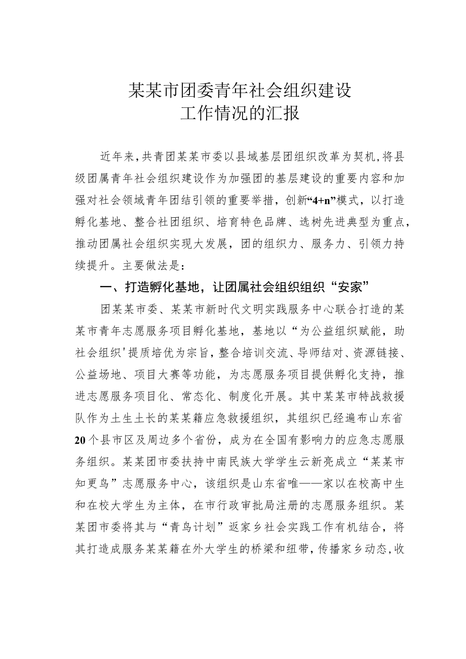 某某市团委青年社会组织建设工作情况的汇报.docx_第1页