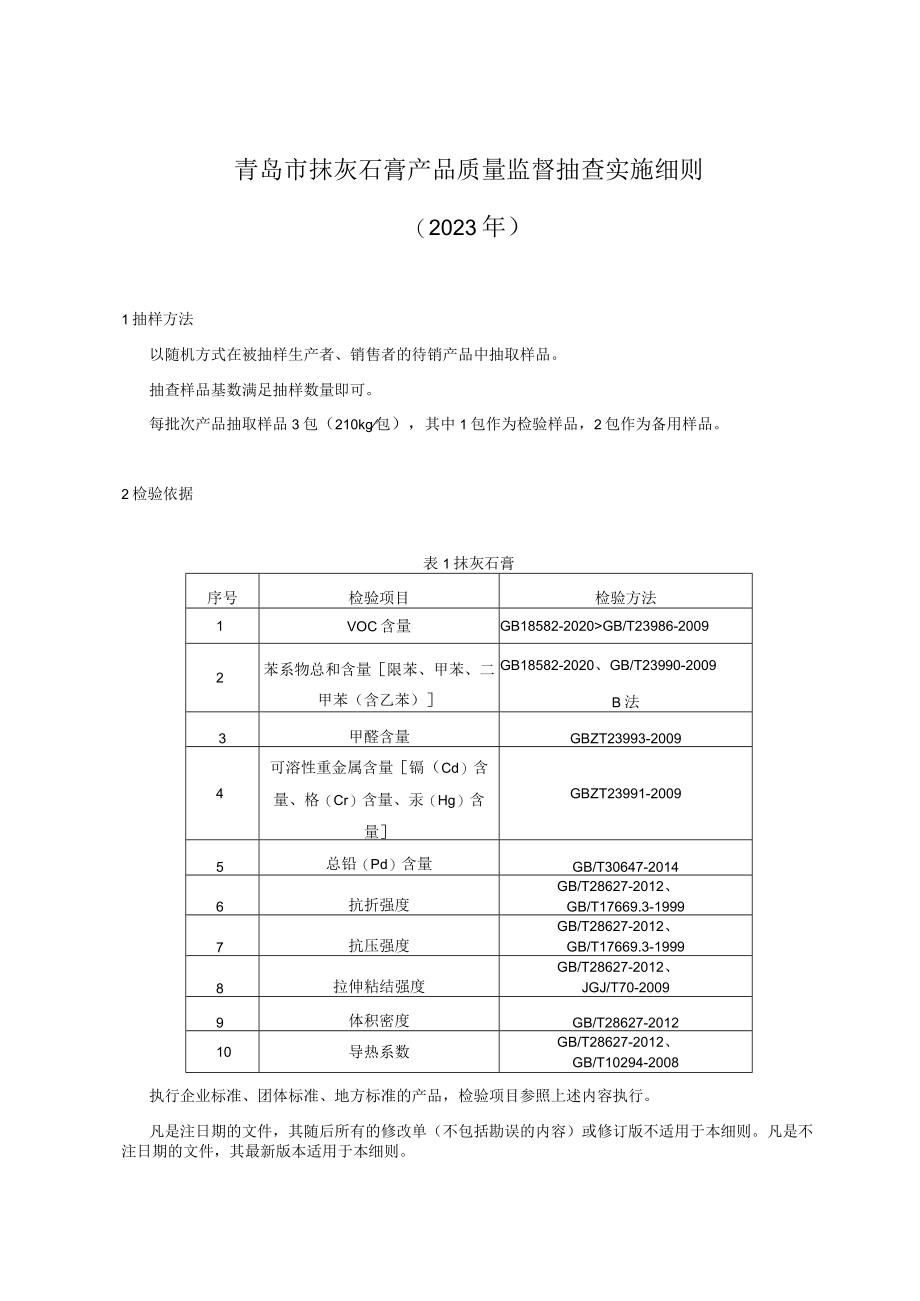 青岛市抹灰石膏产品质量监督抽查实施细则2023年.docx_第1页