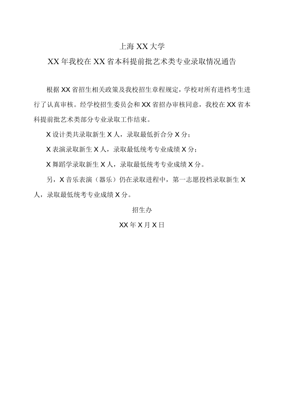 上海XX大学XX年我校在XX省本科提前批艺术类专业录取情况通告.docx_第1页