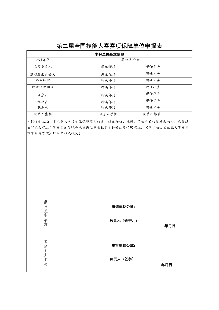 第二届全国技能大赛赛项保障单位申报表、申报赛项一览表、赛项保障实施方案模板.docx_第1页