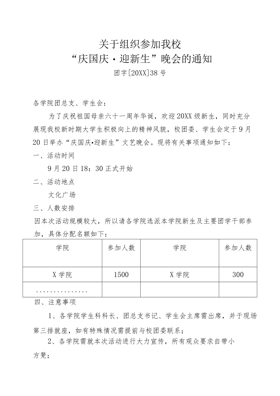 关于组织参加我校“庆国庆·迎新生”晚会的通知.docx_第1页