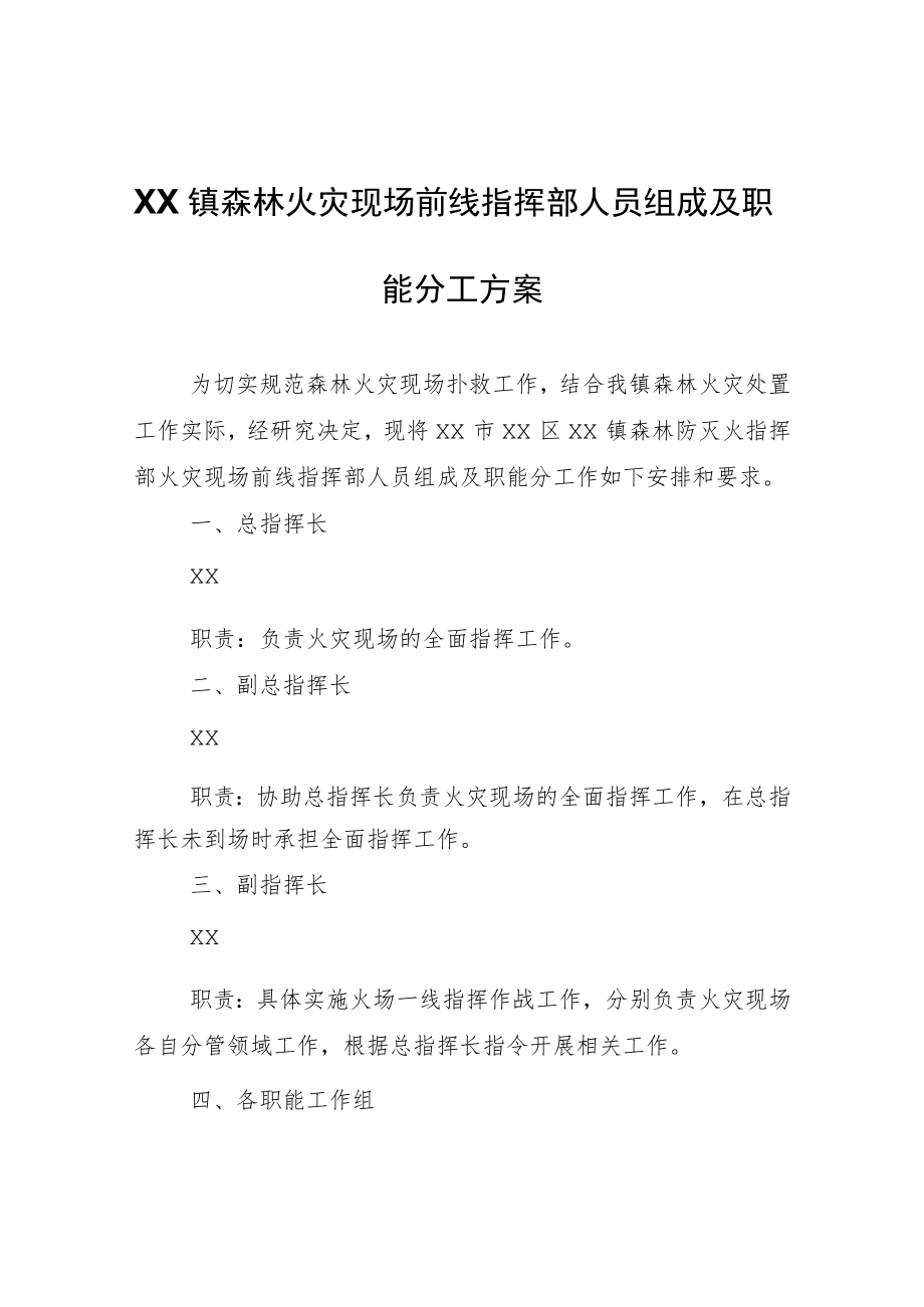 XX镇森林火灾现场前线指挥部人员组成及职能分工方案.docx_第1页