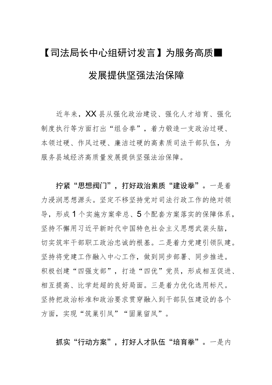 【司法局长中心组研讨发言】为服务高质量发展提供坚强法治保障.docx_第1页