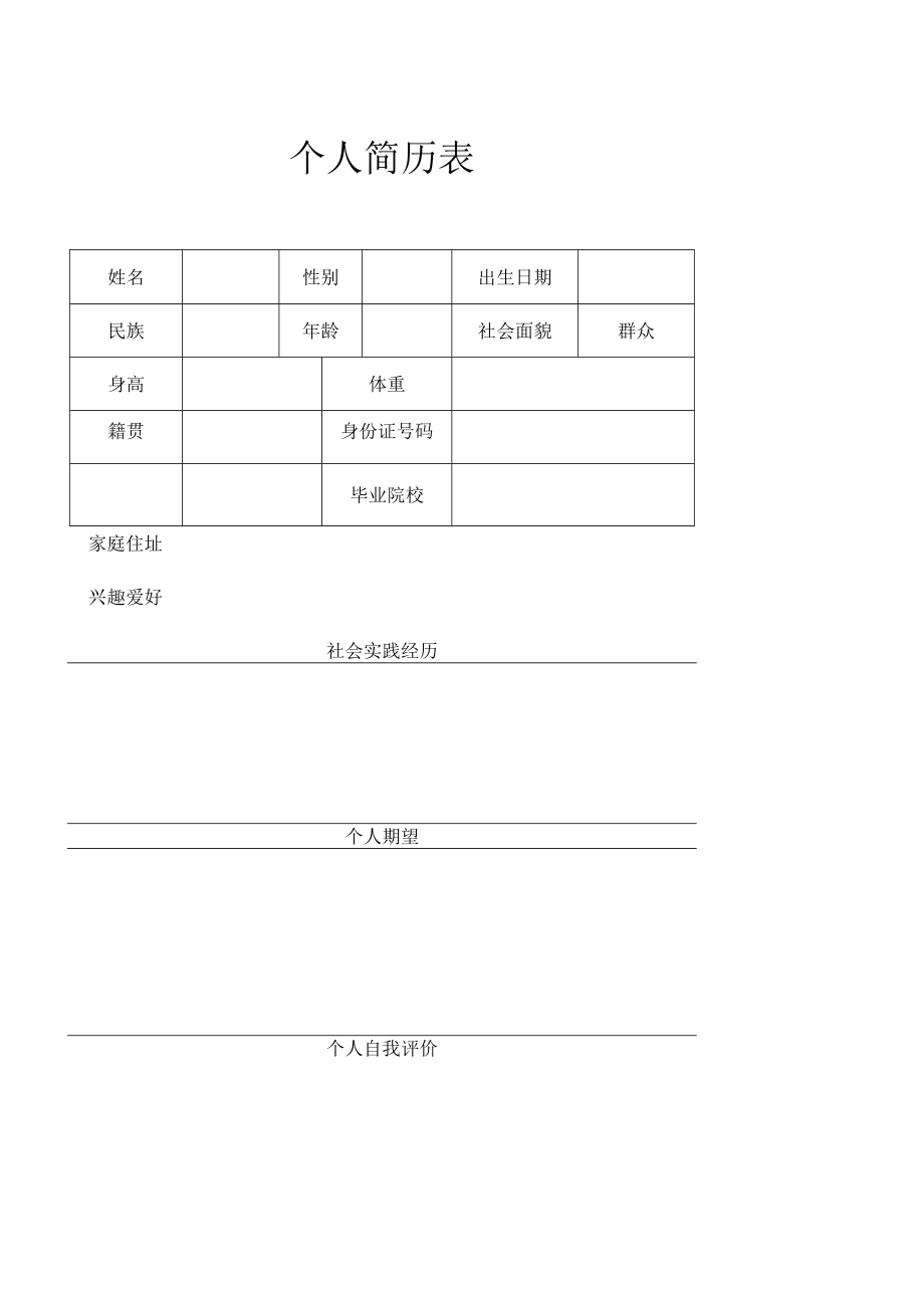 个人简历表模板.docx_第1页