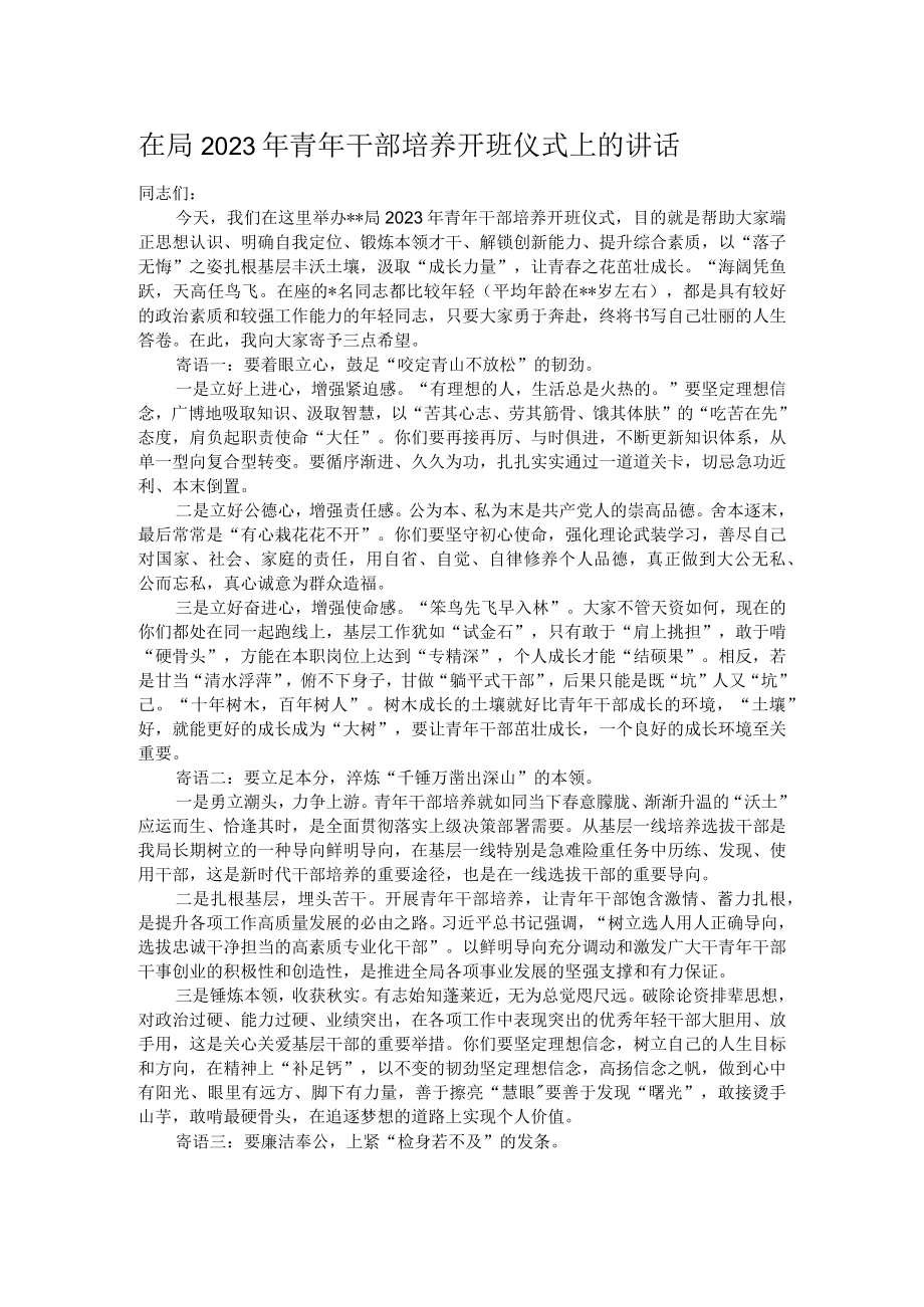 在局2023年青年干部培养开班仪式上的讲话.docx_第1页