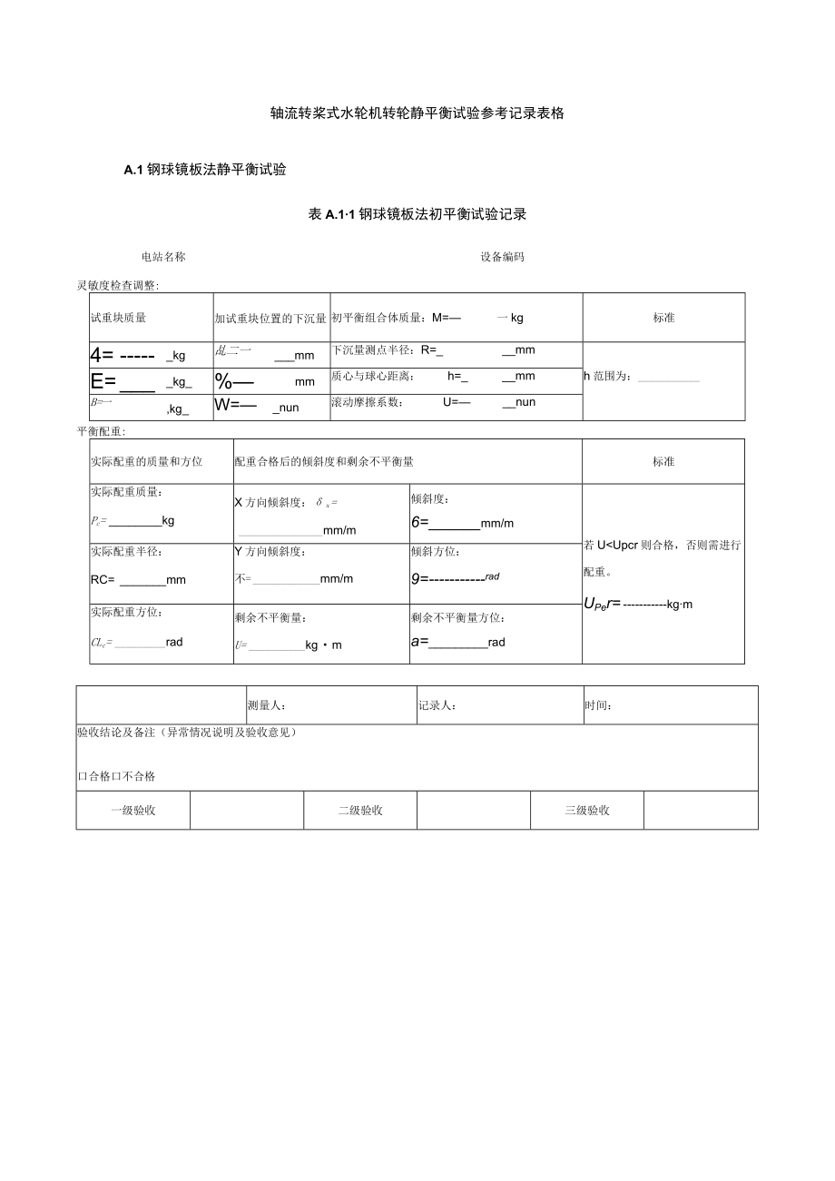 轴流转桨式水轮机转轮静平衡试验参考记录表格.docx_第1页