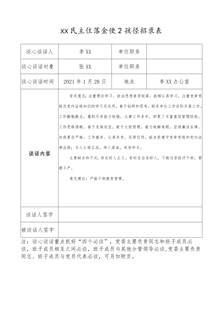 2021年民主生活会谈心谈话记录表（示例）.docx_第2页