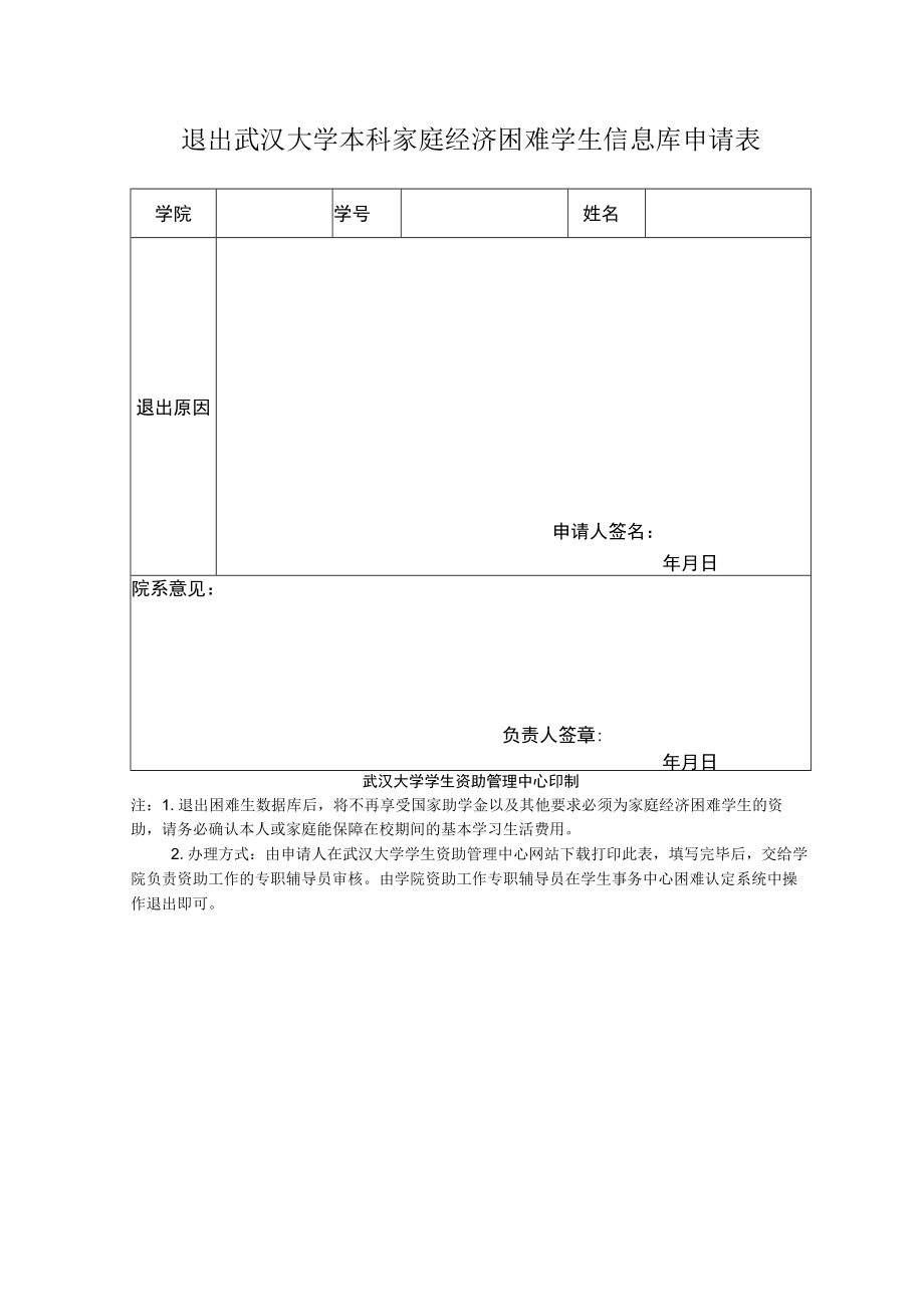 退出武汉大学本科家庭经济困难学生信息库申请表.docx_第1页