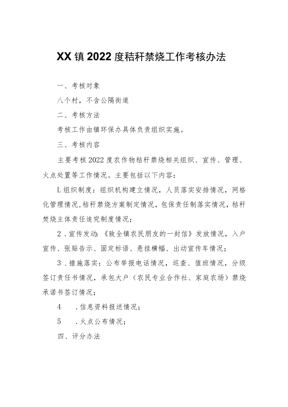 XX镇2022度秸秆禁烧工作考核办法.docx_第1页