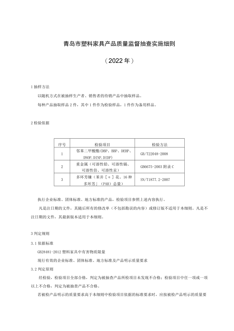 青岛市塑料家具产品质量监督抽查实施细则2022年.docx_第1页