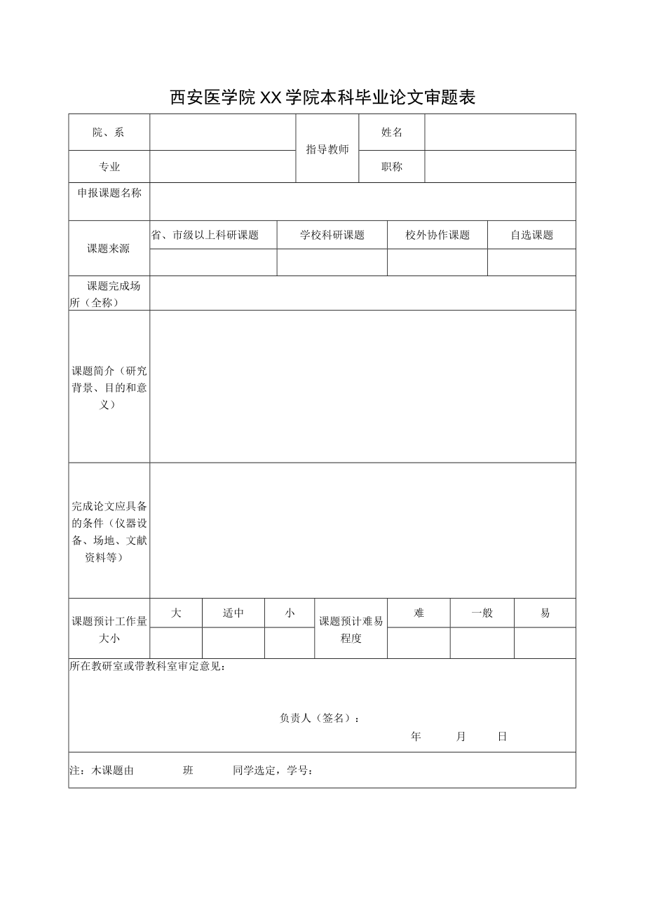 西安医学院XX学院本科毕业论文审题表.docx_第1页