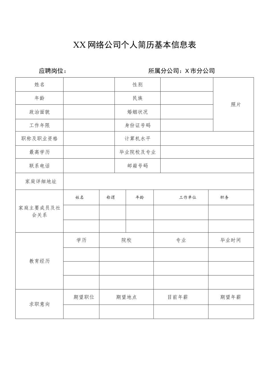 XX网络公司个人简历基本信息表.docx_第1页