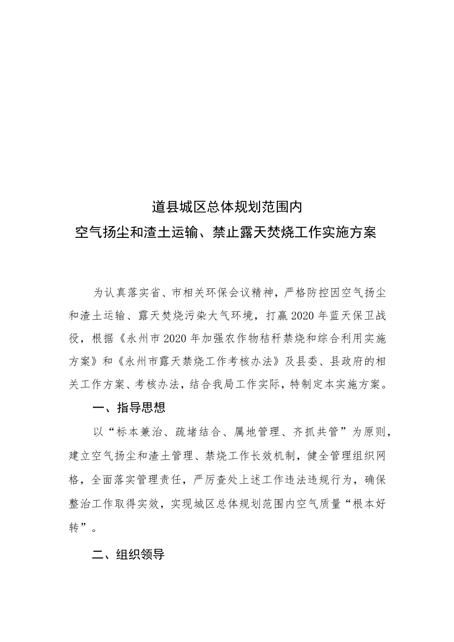 道县城区总体规划范围内空气扬尘和渣土运输、禁止露天焚烧工作实施方案.docx_第1页