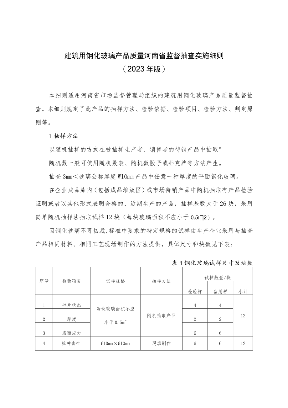 建筑用钢化玻璃产品质量河南省监督抽查实施细则（2023年版）.docx_第1页