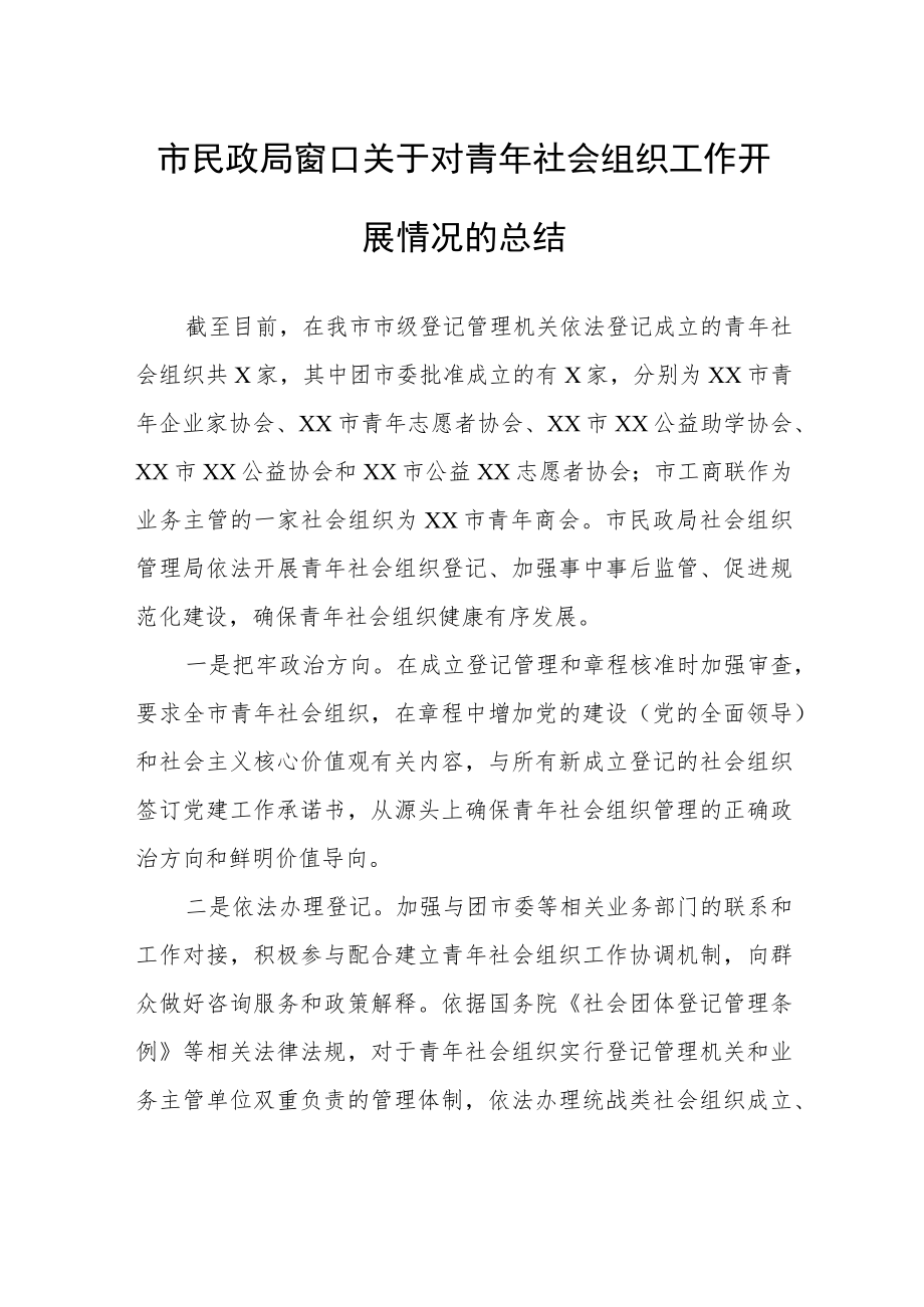 市民政局窗口关于对青年社会组织工作开展情况的总结.docx_第1页