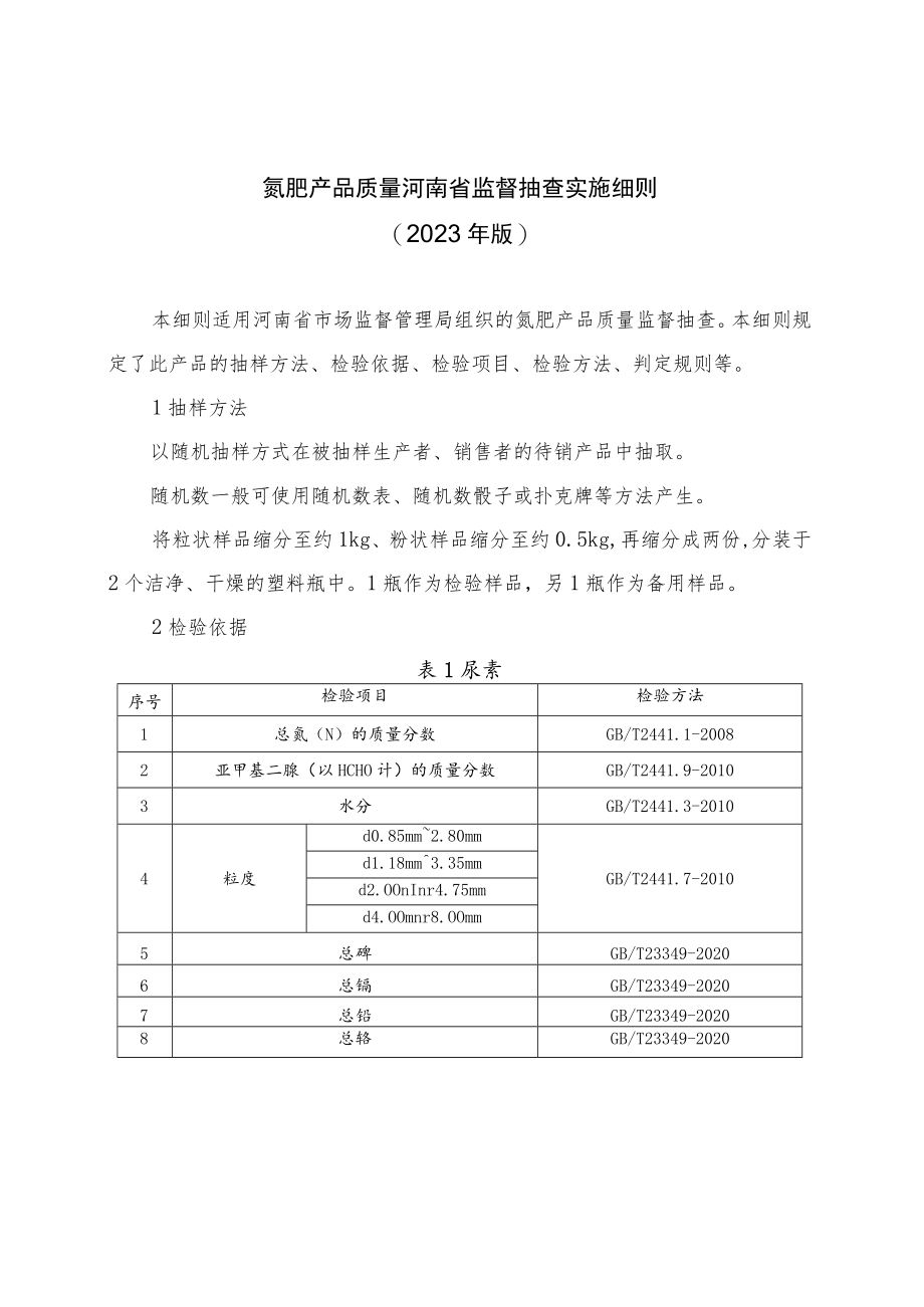 氮肥产品质量河南省监督抽查实施细则（2023年版）.docx_第1页
