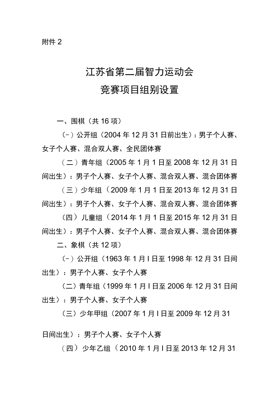 江苏省第二届智力运动会单项竞赛规程竞赛项目组别设置.docx_第1页