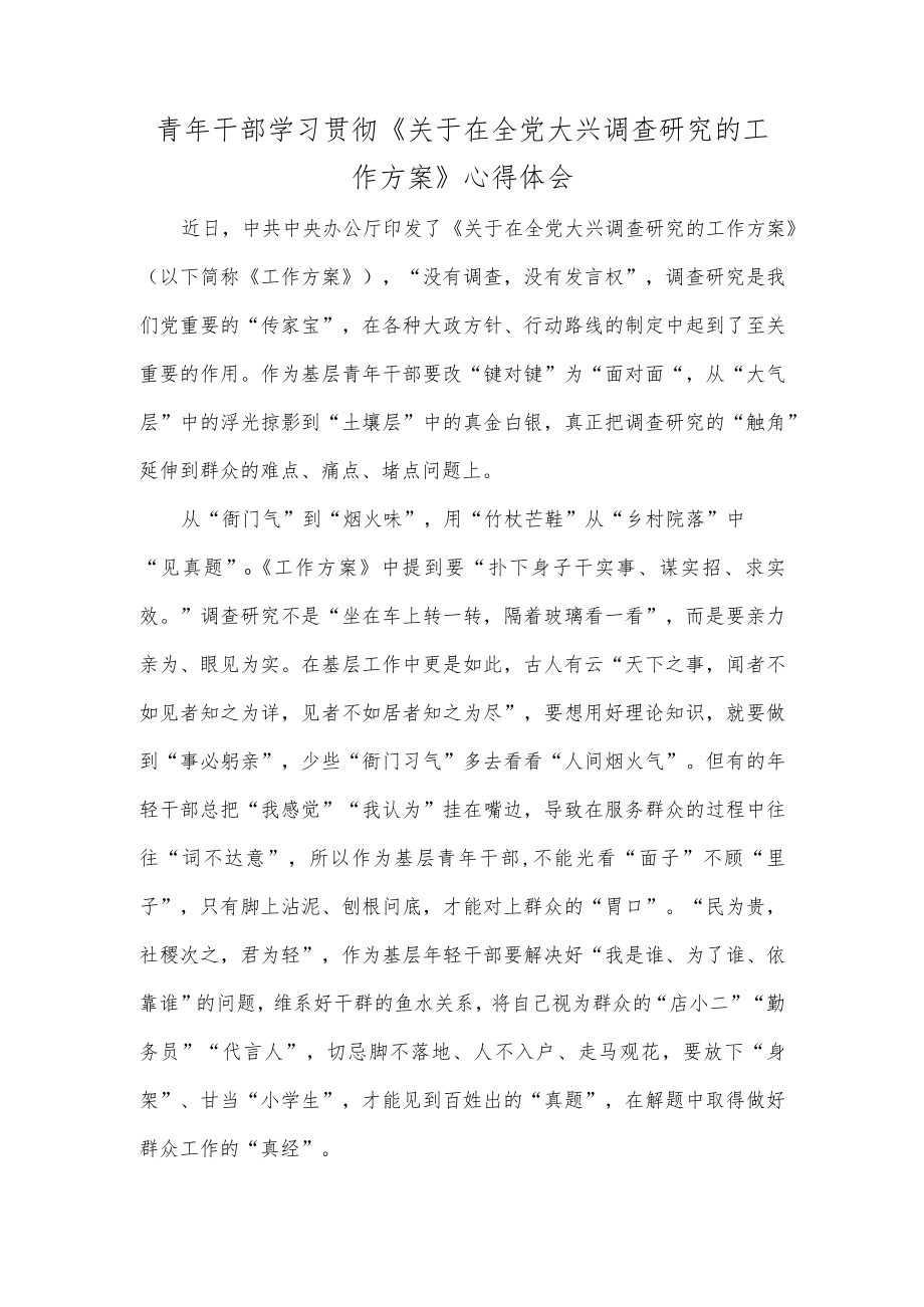 青年干部学习贯彻《关于在全党大兴调查研究的工作方案》心得体会.docx_第1页