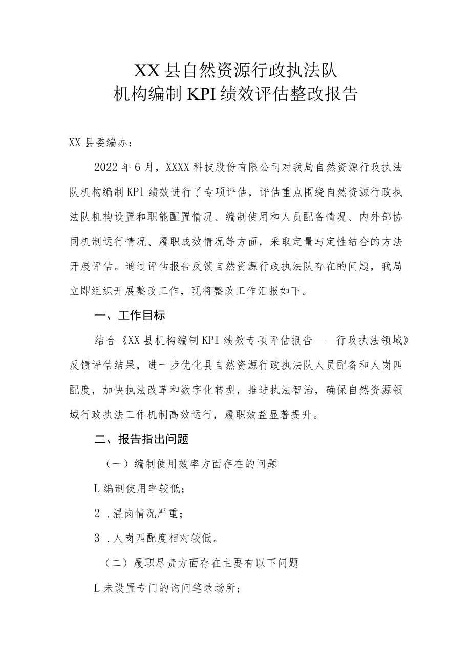 XX县自然资源行政执法队机构编制KPI绩效评估整改报告.docx_第1页