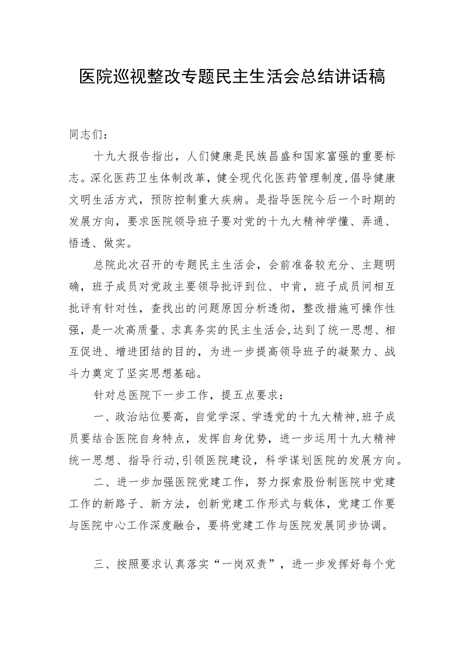 医院巡视整改专题民主生活会总结讲话稿.docx_第1页