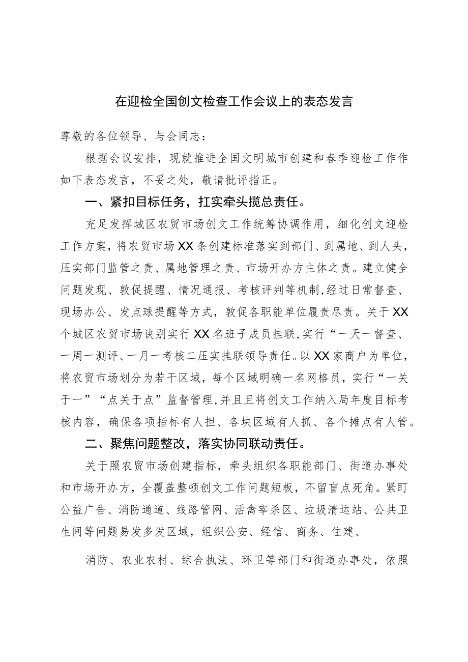 在迎检全国创文检查工作会议上的表态发言.docx_第1页