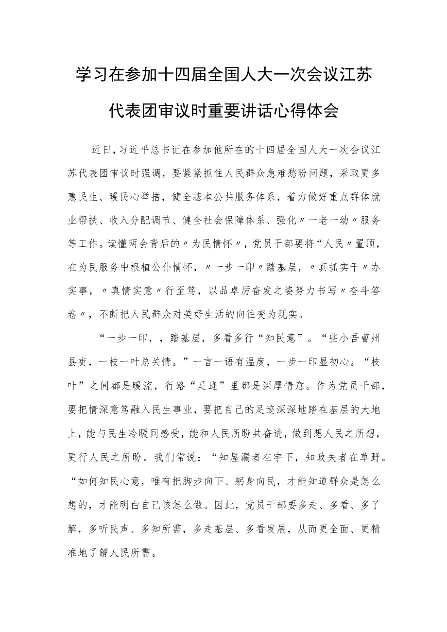 （5篇）普通党员学习在参加十四届全国人大一次会议江苏代表团审议时重要讲话精神心得感想材料.docx_第1页