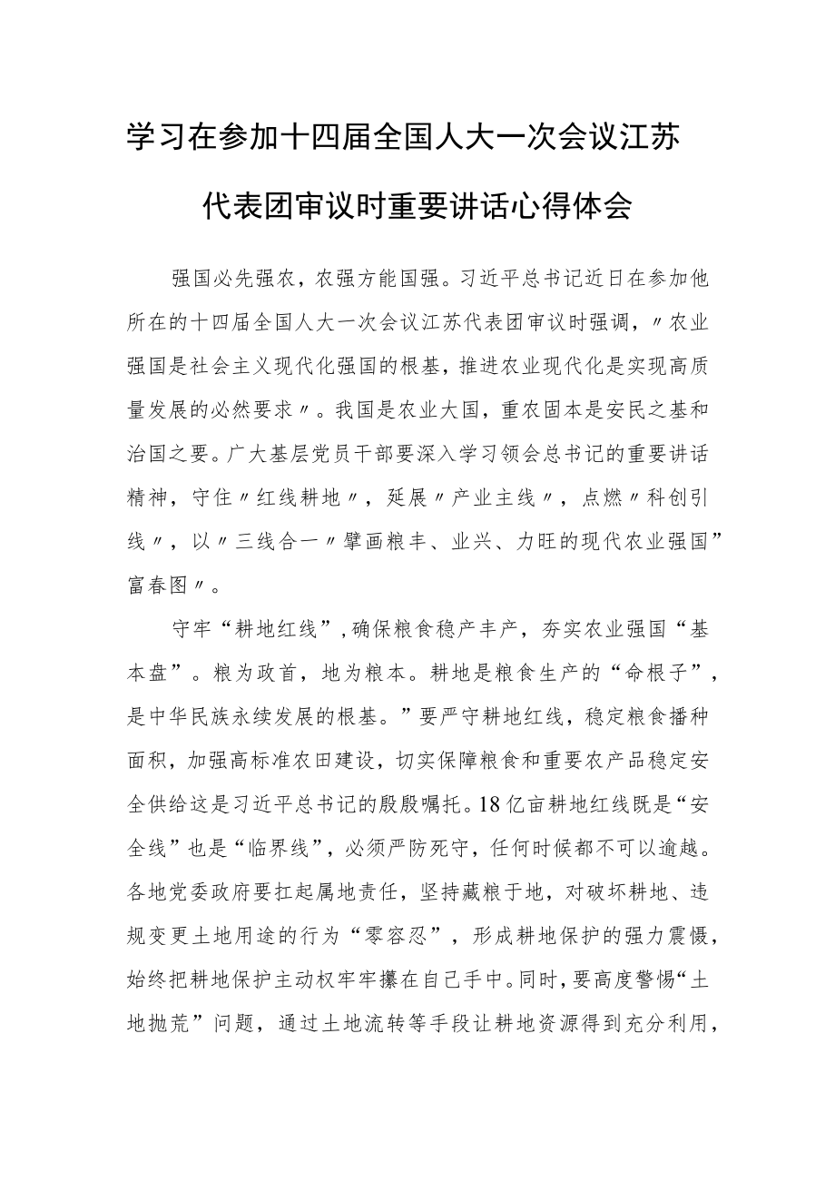 （3篇）党组干部学习在参加十四届全国人大一次会议江苏代表团审议时重要讲话精神心得体会范文.docx_第1页