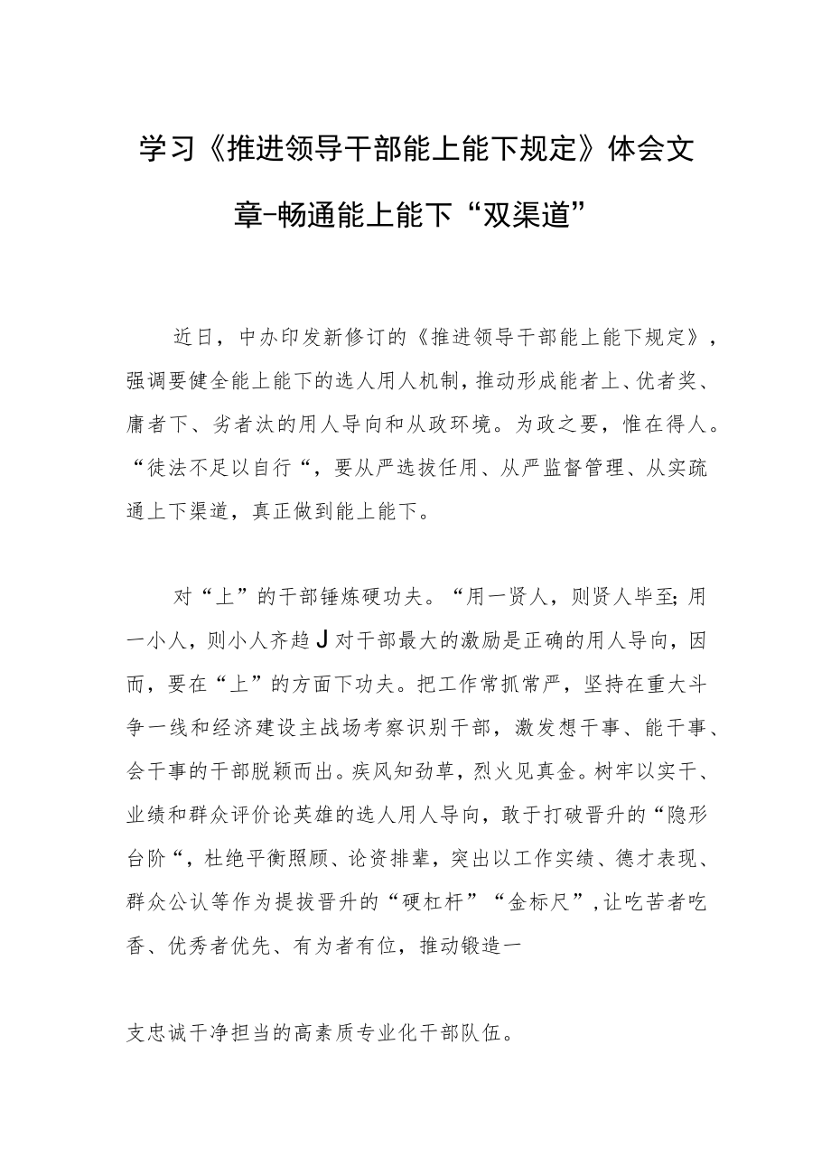 学习《推进领导干部能上能下规定》体会文章-畅通能上能下“双渠道”.docx_第1页