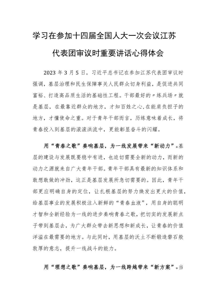 普通党员学习在参加十四届全国人大一次会议江苏代表团审议时重要讲话精神心得体会研讨发言范文【3篇】.docx_第1页