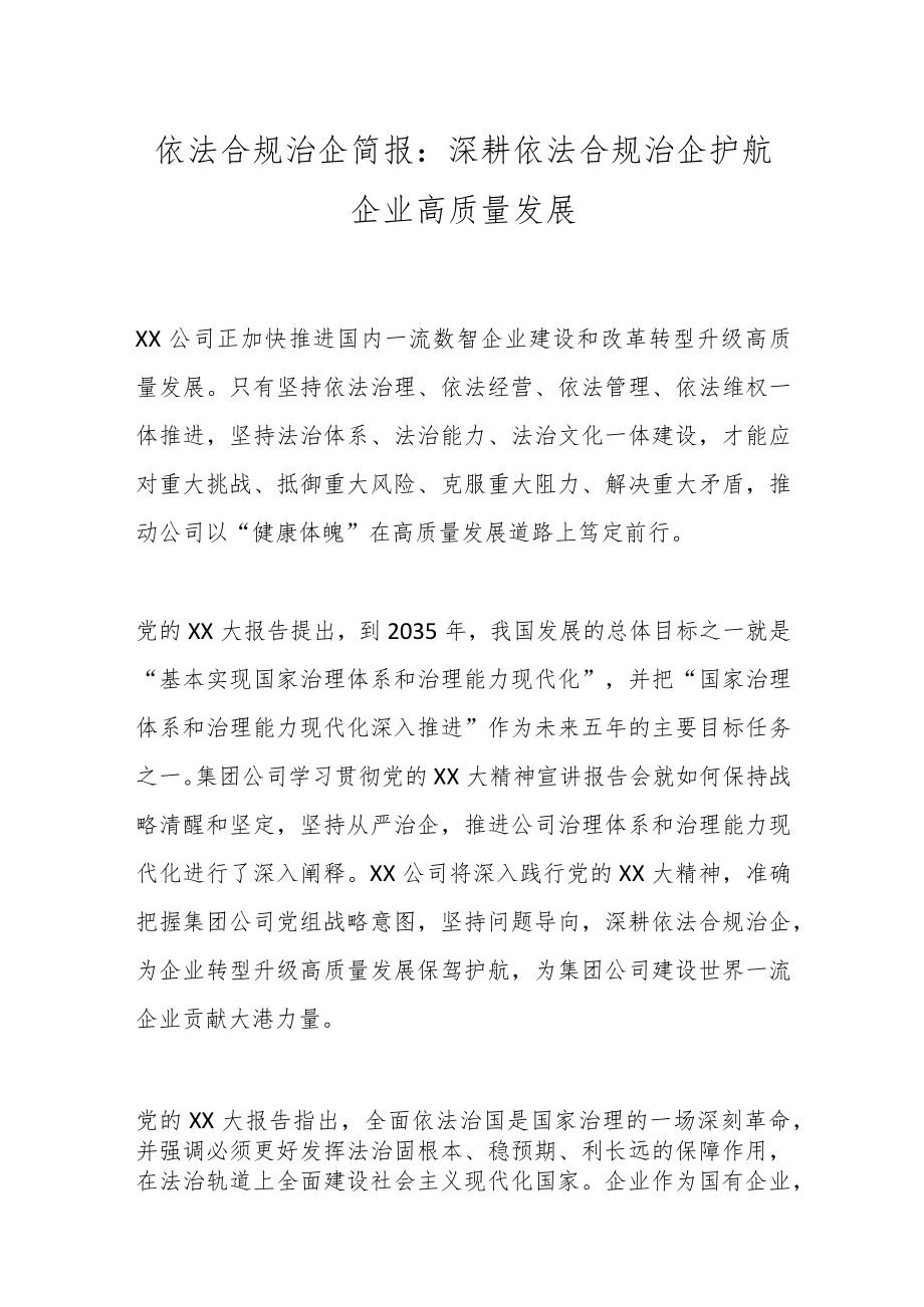 依法合规治企简报：深耕依法合规治企护航企业高质量发展.docx_第1页