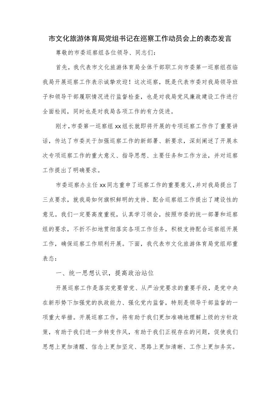 市文化旅游体育局党组书记在巡察工作动员会上的表态发言.docx_第1页