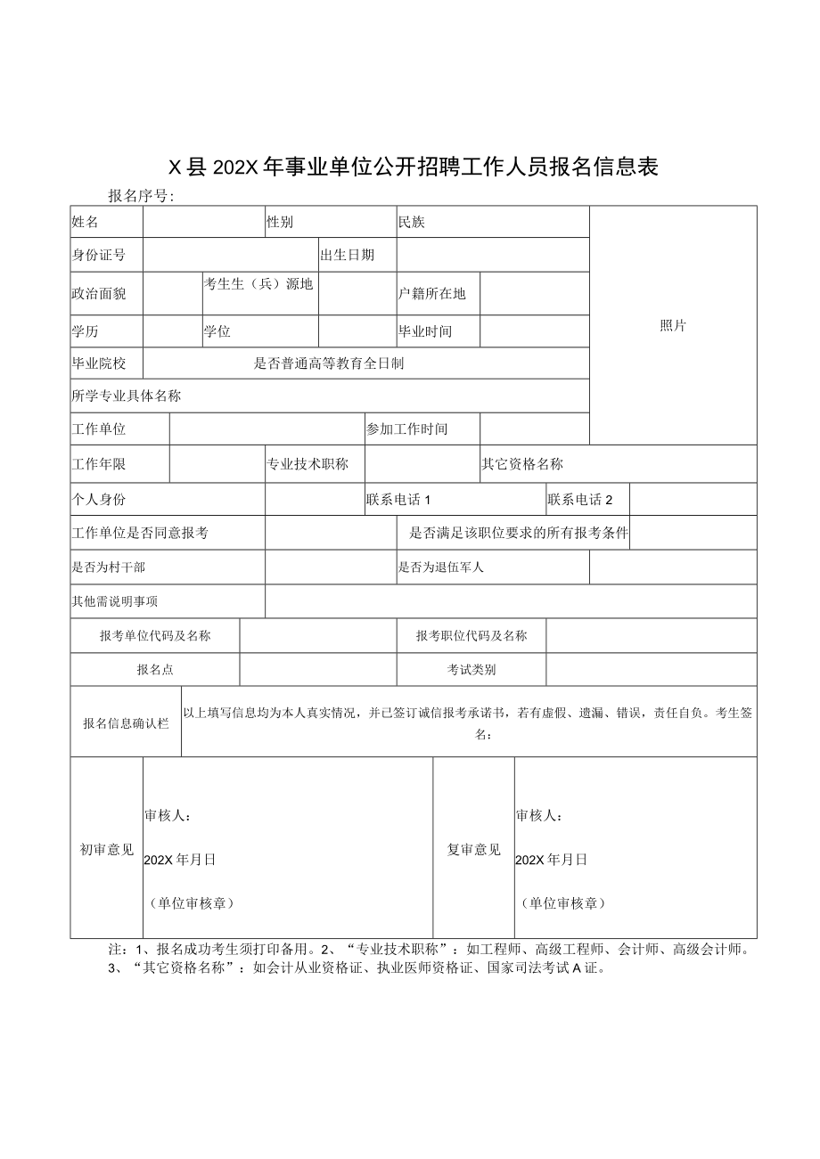 X县202X年事业单位公开招聘工作人员报名信息表.docx_第1页