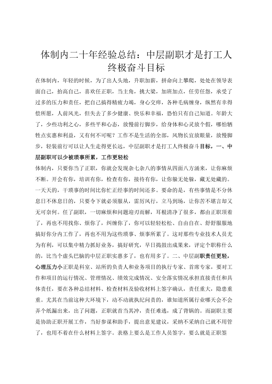 体制内二十年经验总结：中层副职才是打工人终极奋斗目标.docx_第1页